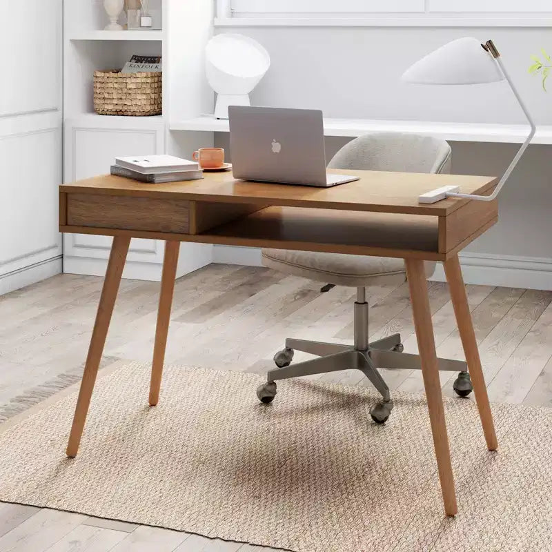 Scrivania Nathan James Parker Mid-Century con Cassetto Acacia Marrone Chiaro: Piano in MDF, Gambe in Legno Massello, Mobili per Ufficio Domestico