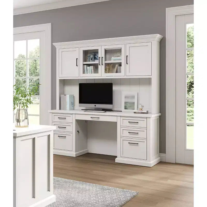 Credenza scrivania moderna in legno con vetrina, completamente assemblata, bianca - Collezione Abby - Martin Furniture