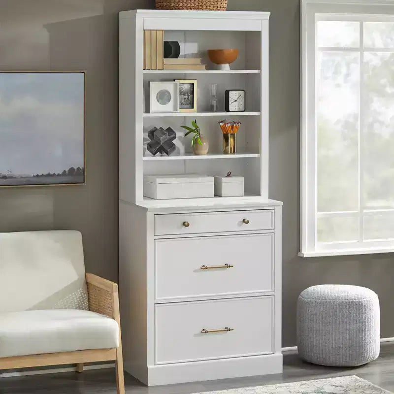 Mobile Ufficio Modulare Harrington Lifestorey 2 Pezzi, Mobiletto con Vetrina in Finto Marmo Bianco: Stile Country, Superficie in Finto Marmo, Struttura in MDF