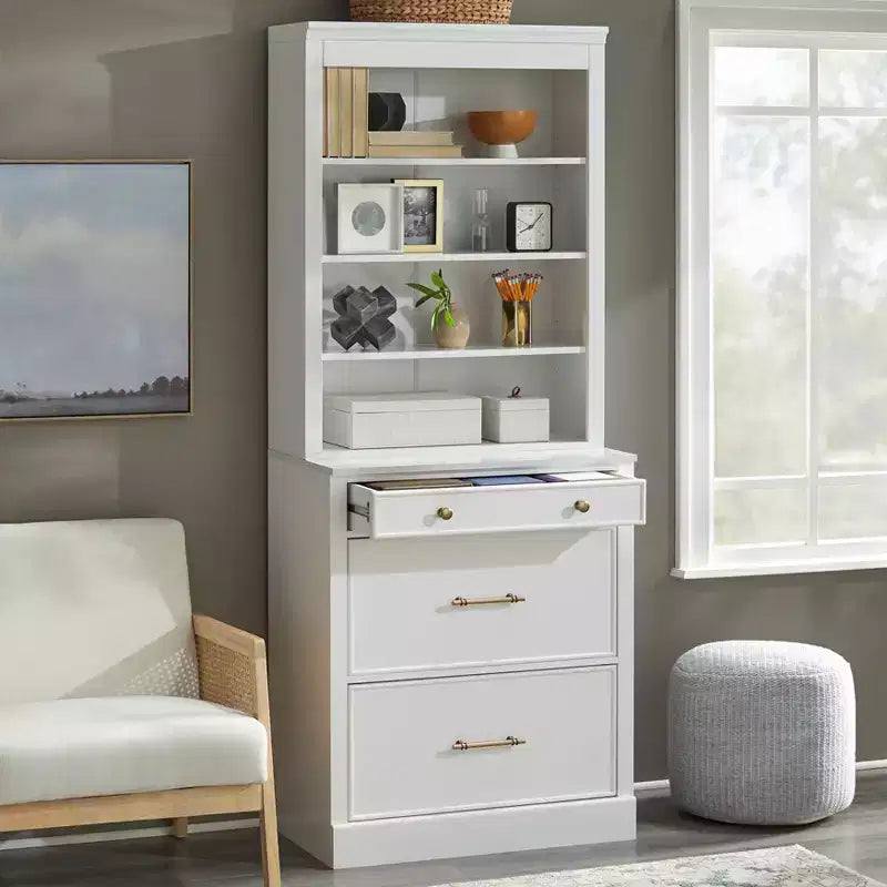 Mobile Ufficio Modulare Harrington Lifestorey 2 Pezzi, Mobiletto con Vetrina in Finto Marmo Bianco: Stile Country, Superficie in Finto Marmo, Struttura in MDF