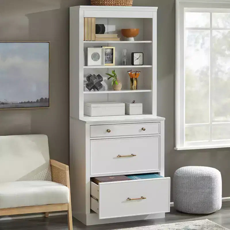 Mobile Ufficio Modulare Harrington Lifestorey 2 Pezzi, Mobiletto con Vetrina in Finto Marmo Bianco: Stile Country, Superficie in Finto Marmo, Struttura in MDF