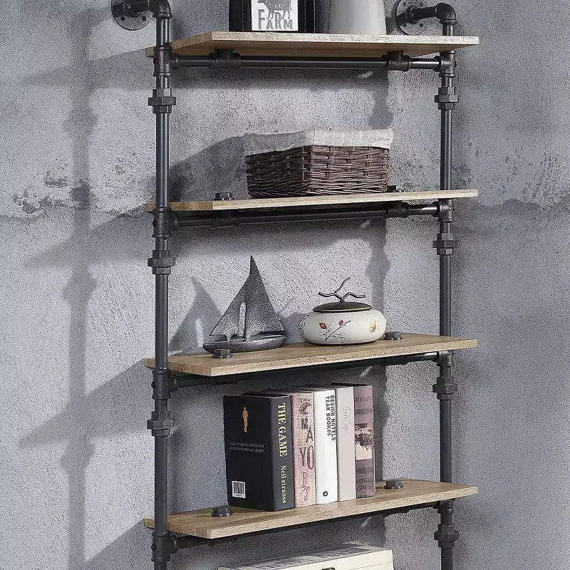 Libreria decorativa Brantley da 59" con finitura quercia e nero sabbia - Acme Furniture: 5 ripiani, struttura in metallo, scaffalatura aperta, montaggio senza attrezzi