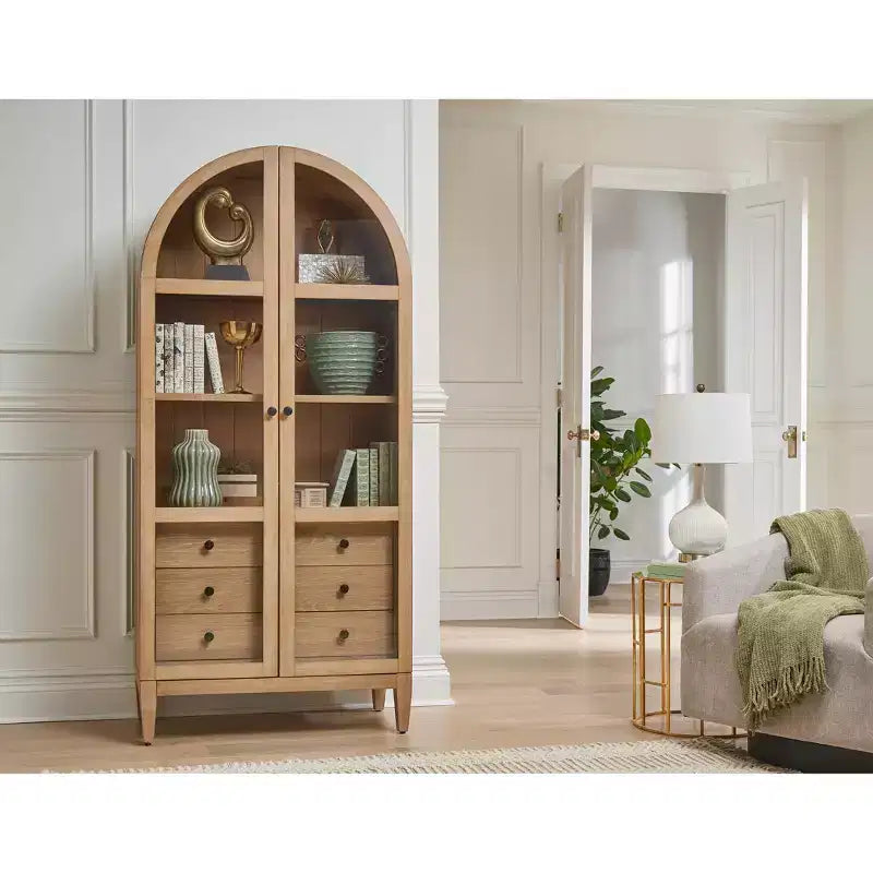 Libreria ad arco moderna in legno da 78" Collezione Laurel Marrone chiaro - Martin Furniture: Contenitore verticale, 3 cassetti