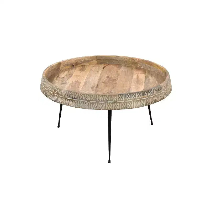 The Urban Port 29" Modern Handcrafted Round Coffee Table Natural Brown Wood Top with Carved Edge Black Iron Legs Brown/Black