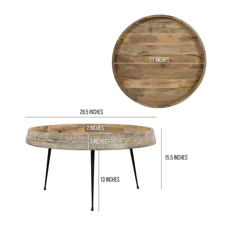 Tavolino da caffè rotondo The Urban Port da 29" moderno, fatto a mano, piano in legno marrone naturale con bordo intagliato e gambe in ferro nero marrone/nero