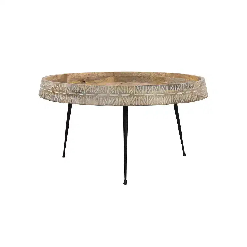 Tavolino da caffè rotondo The Urban Port da 29" moderno, fatto a mano, piano in legno marrone naturale con bordo intagliato e gambe in ferro nero marrone/nero