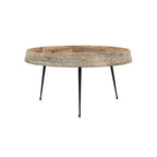 Tavolino da caffè rotondo The Urban Port da 29" moderno, fatto a mano, piano in legno marrone naturale con bordo intagliato e gambe in ferro nero marrone/nero