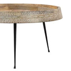 Tavolino da caffè rotondo The Urban Port da 29" moderno, fatto a mano, piano in legno marrone naturale con bordo intagliato e gambe in ferro nero marrone/nero