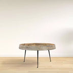 Tavolino da caffè rotondo The Urban Port da 29" moderno, fatto a mano, piano in legno marrone naturale con bordo intagliato e gambe in ferro nero marrone/nero