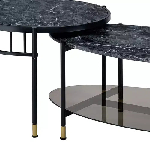 Acme Furniture Set di 3 Tavolini d'Appoggio Silas da 101 cm con Ripiano: Effetto Marmo, Rotondi, Base in Metallo