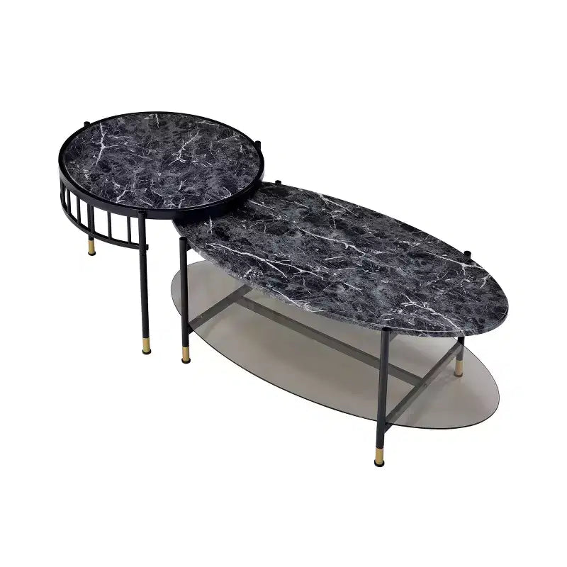 Acme Furniture Set di 3 Tavolini d'Appoggio Silas da 101 cm con Ripiano: Effetto Marmo, Rotondi, Base in Metallo