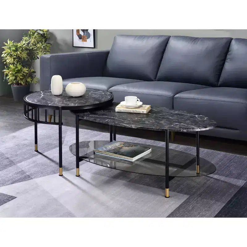 Acme Furniture Set di 3 Tavolini d'Appoggio Silas da 101 cm con Ripiano: Effetto Marmo, Rotondi, Base in Metallo
