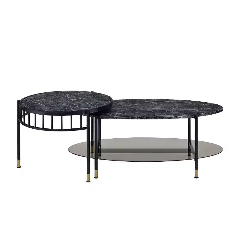 Acme Furniture Set di 3 Tavolini d'Appoggio Silas da 101 cm con Ripiano: Effetto Marmo, Rotondi, Base in Metallo