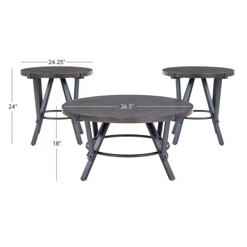 Powell 3 Pezzi Galway Legno Top e Antracite Grigio Metallo Tavolino Rotondo e Set di Tavolini d'Appoggio Marrone Antracite: Set di Mobili Rustici per Soggiorno