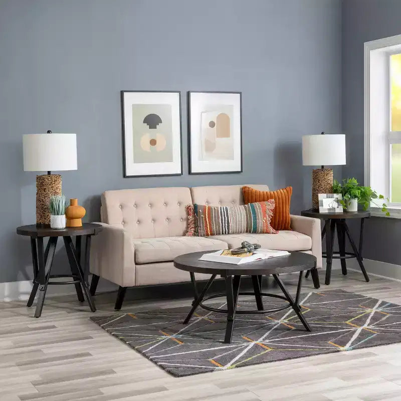 Powell 3 Pezzi Galway Legno Top e Antracite Grigio Metallo Tavolino Rotondo e Set di Tavolini d'Appoggio Marrone Antracite: Set di Mobili Rustici per Soggiorno