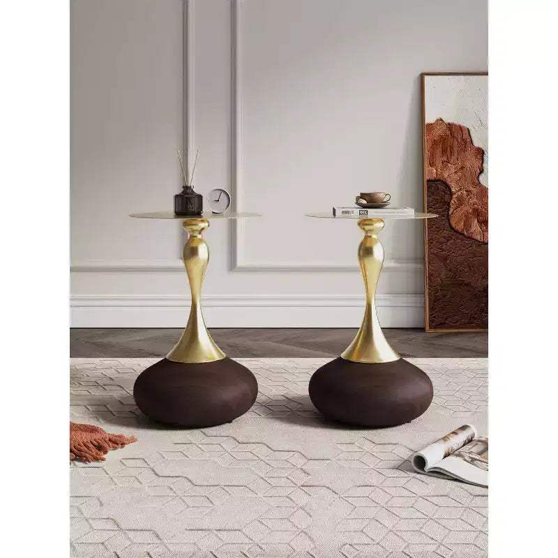 Manhattan Comfort Set di 2 Tavolini Patchin con Base Rotonda in Metallo e Piano Oro Legno Marrone