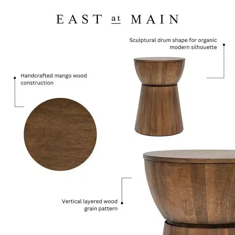 Tavolo a tamburo "East at Main" da 16" in legno di noce con fascia: Fatto a mano, Mango, Nessun montaggio richiesto