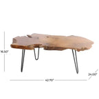 Tavolino da caffè Olivia & May in legno di teak fatto a mano con bordo vivo e gambe a forcina in metallo nero, marrone