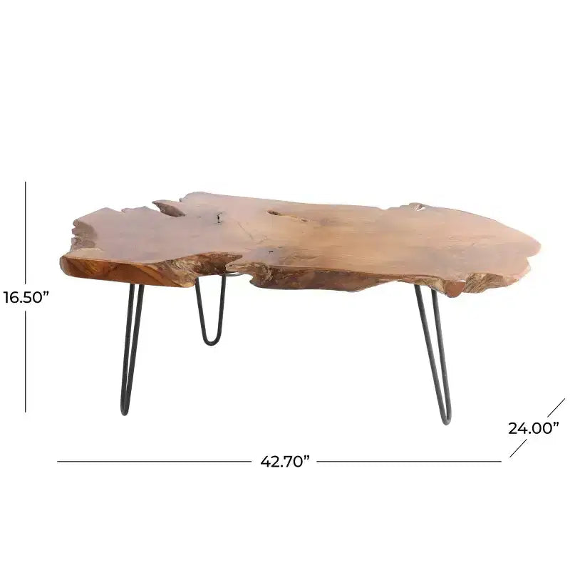 Tavolino da caffè Olivia & May in legno di teak fatto a mano con bordo vivo e gambe a forcina in metallo nero, marrone