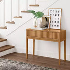 Tavolo Consolle Nathan James Boho Wood con 2 Cassetti con Scanalature: Gambe Affusolate, Maniglie in Ottone, Stile Moderno di Metà Secolo