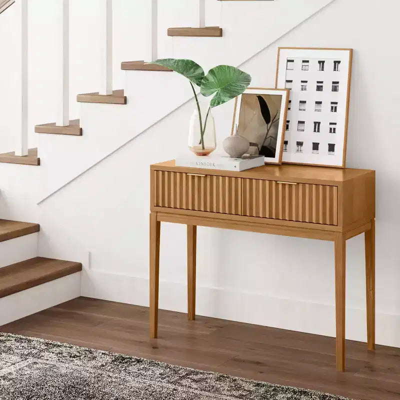 Tavolo Consolle Nathan James Boho Wood con 2 Cassetti con Scanalature: Gambe Affusolate, Maniglie in Ottone, Stile Moderno di Metà Secolo