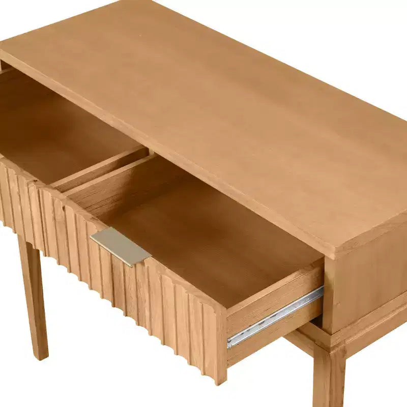 Tavolo Consolle Nathan James Boho Wood con 2 Cassetti con Scanalature: Gambe Affusolate, Maniglie in Ottone, Stile Moderno di Metà Secolo