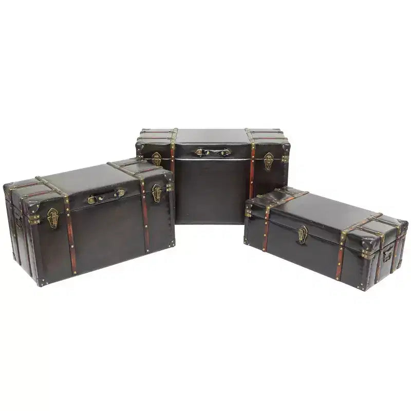 Olivia & May Set di 3 Bauli Borchiati in Ecopelle con Chiusure e Maniglie Marrone Scuro: Arredamento Tradizionale per Interni, Completamente Assemblato