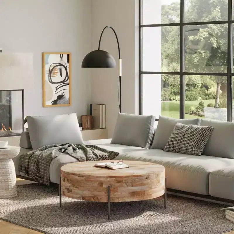 WyndenHall Farmington Drum Coffee Table Naturale: Stile Industriale Moderno, Legno di Mango e Ferro, 96,5 cm