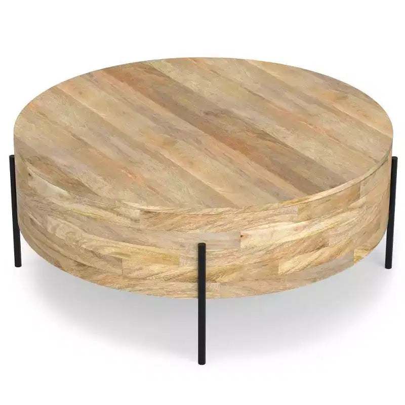 WyndenHall Farmington Drum Coffee Table Naturale: Stile Industriale Moderno, Legno di Mango e Ferro, 96,5 cm