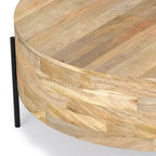 WyndenHall Farmington Drum Coffee Table Naturale: Stile Industriale Moderno, Legno di Mango e Ferro, 96,5 cm