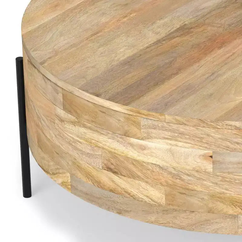 WyndenHall Farmington Drum Coffee Table Naturale: Stile Industriale Moderno, Legno di Mango e Ferro, 96,5 cm