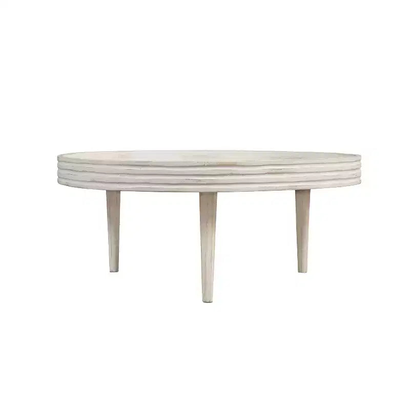Tavolino da caffè Urban Port 33" in Legno Massello di Mango Lavorato a Mano Rotondo con Bordo Rialzato Scanalato Bianco Invecchiato