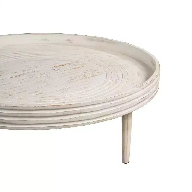 Tavolino da caffè Urban Port 33" in Legno Massello di Mango Lavorato a Mano Rotondo con Bordo Rialzato Scanalato Bianco Invecchiato