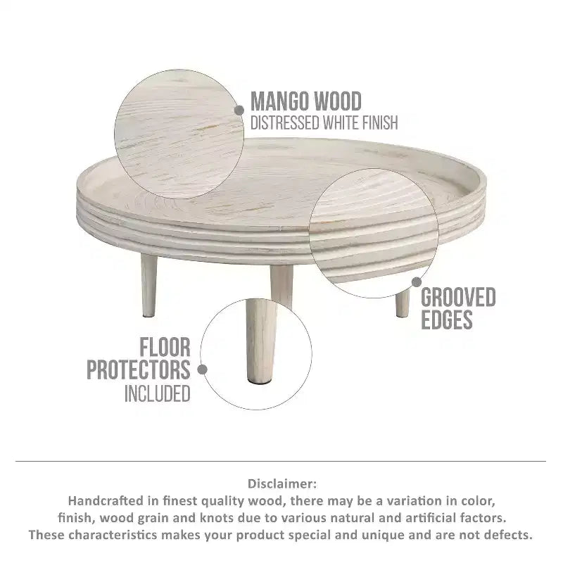 Tavolino da caffè Urban Port 33" in Legno Massello di Mango Lavorato a Mano Rotondo con Bordo Rialzato Scanalato Bianco Invecchiato
