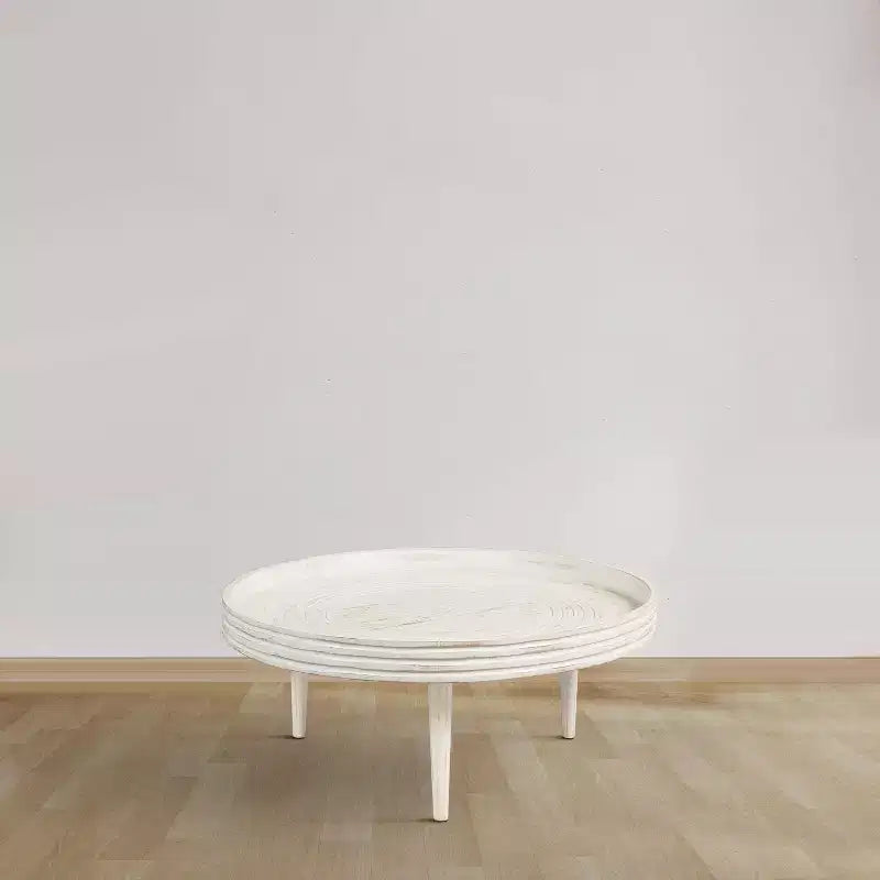 Tavolino da caffè Urban Port 33" in Legno Massello di Mango Lavorato a Mano Rotondo con Bordo Rialzato Scanalato Bianco Invecchiato