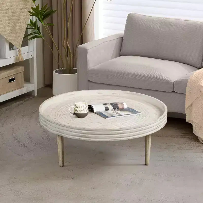 Tavolino da caffè Urban Port 33" in Legno Massello di Mango Lavorato a Mano Rotondo con Bordo Rialzato Scanalato Bianco Invecchiato