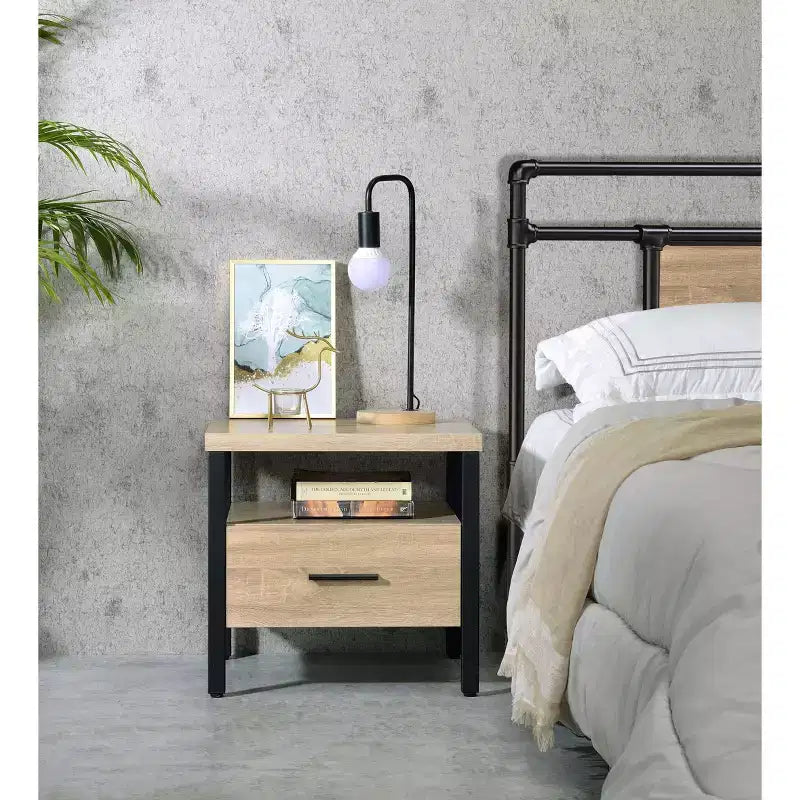 Tavolino Accent 20" Yawan Rovere/Nero - Acme Furniture: Rettangolare con Cassetto, Ripiano Aperto, Guide in Metallo