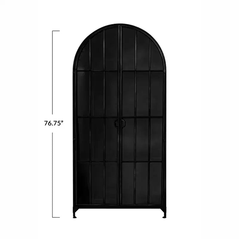 Mobile Contenitore Decorativo Storied Home Ad Arco Alto 76" Nero: Telaio in Ferro, Superficie in Vetro, Ripiani Fissi
