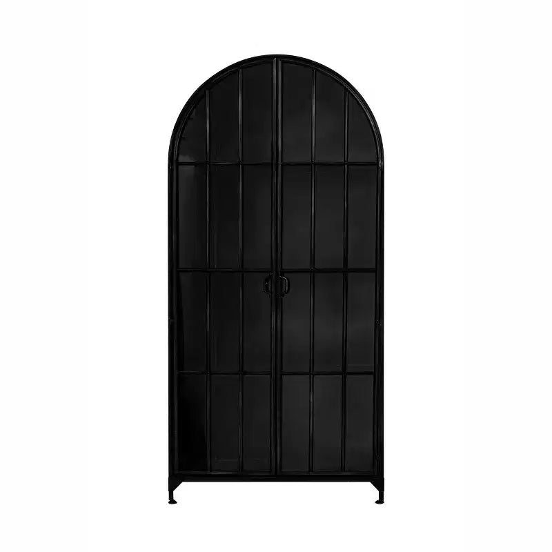 Mobile Contenitore Decorativo Storied Home Ad Arco Alto 76" Nero: Telaio in Ferro, Superficie in Vetro, Ripiani Fissi