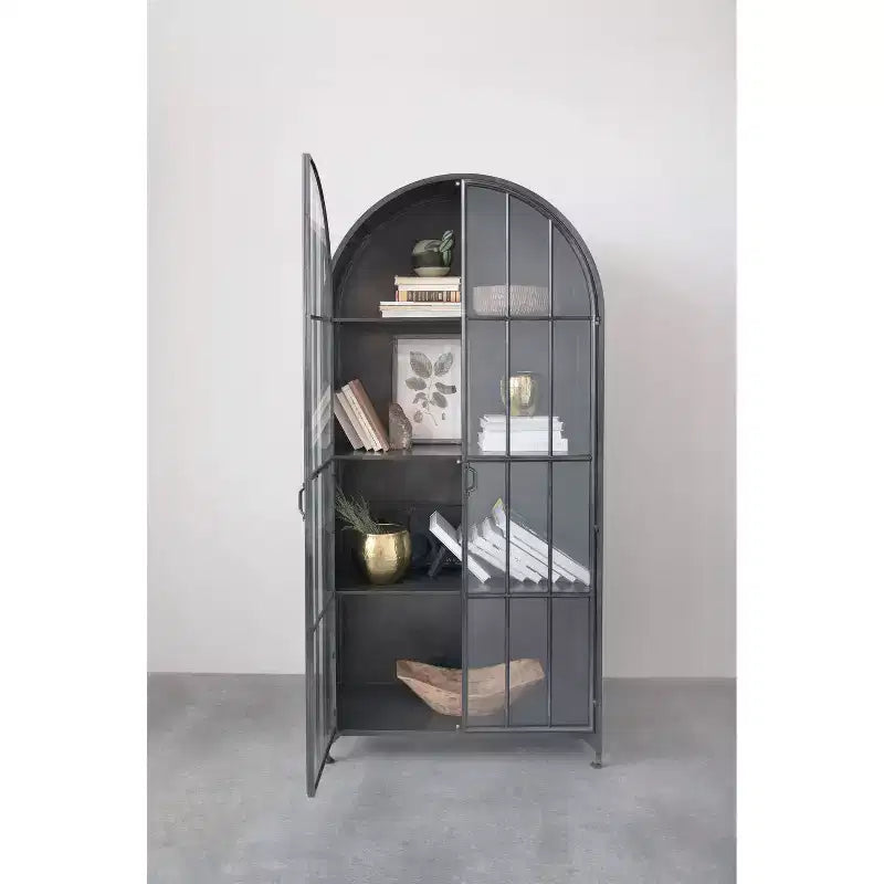 Mobile Contenitore Decorativo Storied Home Ad Arco Alto 76" Nero: Telaio in Ferro, Superficie in Vetro, Ripiani Fissi