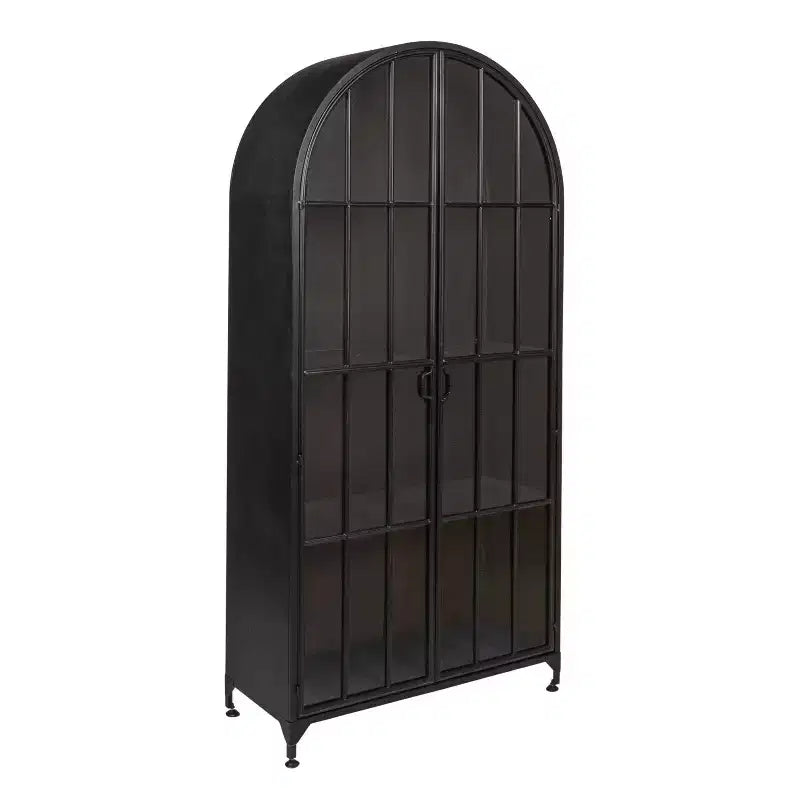 Mobile Contenitore Decorativo Storied Home Ad Arco Alto 76" Nero: Telaio in Ferro, Superficie in Vetro, Ripiani Fissi