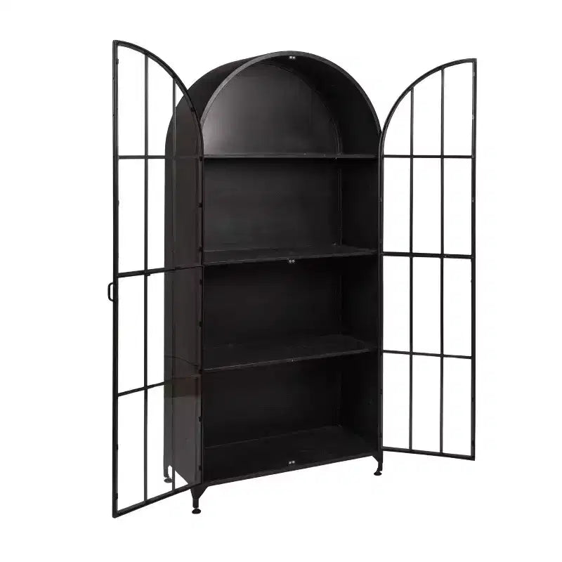 Mobile Contenitore Decorativo Storied Home Ad Arco Alto 76" Nero: Telaio in Ferro, Superficie in Vetro, Ripiani Fissi