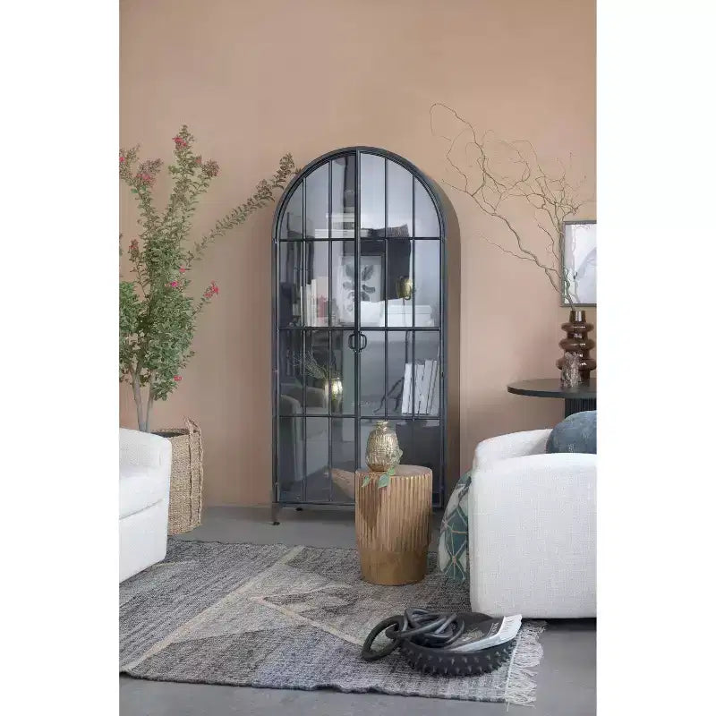 Mobile Contenitore Decorativo Storied Home Ad Arco Alto 76" Nero: Telaio in Ferro, Superficie in Vetro, Ripiani Fissi