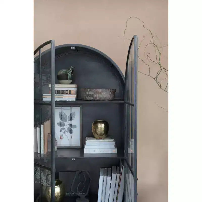 Mobile Contenitore Decorativo Storied Home Ad Arco Alto 76" Nero: Telaio in Ferro, Superficie in Vetro, Ripiani Fissi