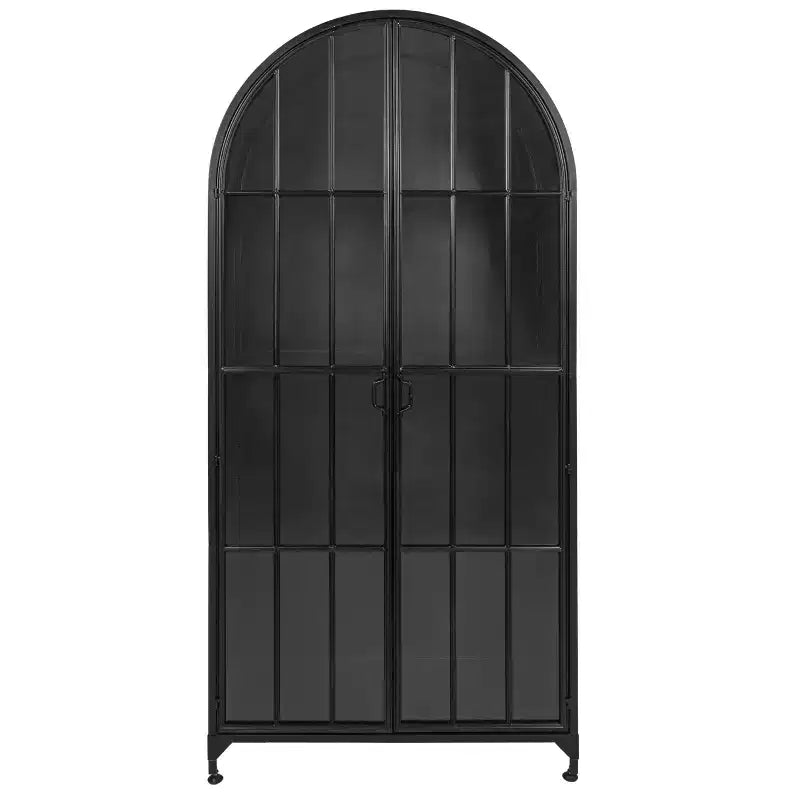 Mobile Contenitore Decorativo Storied Home Ad Arco Alto 76" Nero: Telaio in Ferro, Superficie in Vetro, Ripiani Fissi