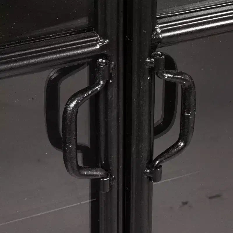 Mobile Contenitore Decorativo Storied Home Ad Arco Alto 76" Nero: Telaio in Ferro, Superficie in Vetro, Ripiani Fissi