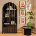 Mobile Contenitore Decorativo Storied Home Ad Arco Alto 76" Nero: Telaio in Ferro, Superficie in Vetro, Ripiani Fissi
