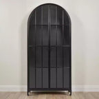 Mobile Contenitore Decorativo Storied Home Ad Arco Alto 76" Nero: Telaio in Ferro, Superficie in Vetro, Ripiani Fissi