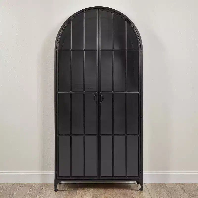 Mobile Contenitore Decorativo Storied Home Ad Arco Alto 76" Nero: Telaio in Ferro, Superficie in Vetro, Ripiani Fissi