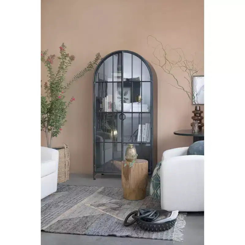 Mobile Contenitore Decorativo Storied Home Ad Arco Alto 76" Nero: Telaio in Ferro, Superficie in Vetro, Ripiani Fissi